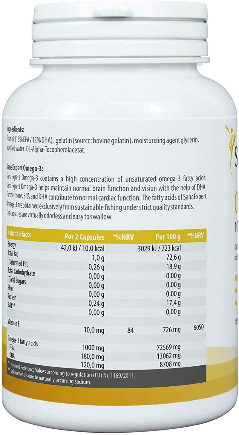 SanaExpert Omega-3 fatty acids, 1000 mg, with natural wild-caught fish oil and vitamin E, for brain, heart and vision, 2-month pack of 120 capsules (1) 1 - NewNest Australia
