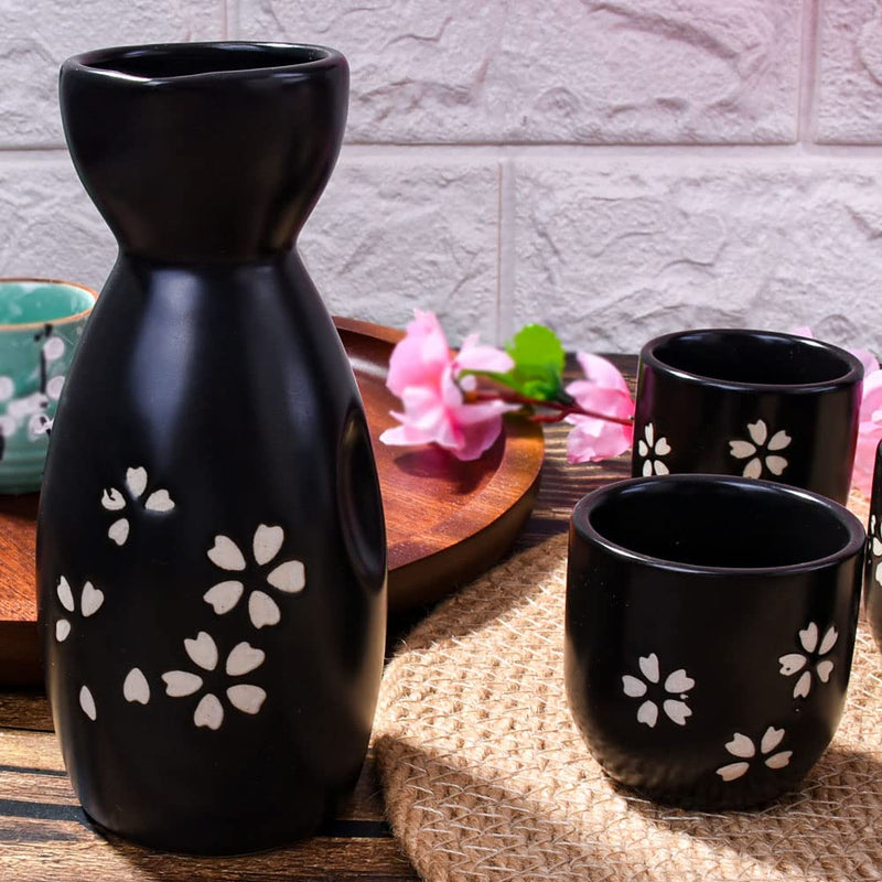 BOSILI Ceramic Japanese Sake Set 1 Sake Bottle and 4 Sake Cups 5 Pieces Black Cherry Blossom Style for Sake White Wine(Black) - NewNest Australia