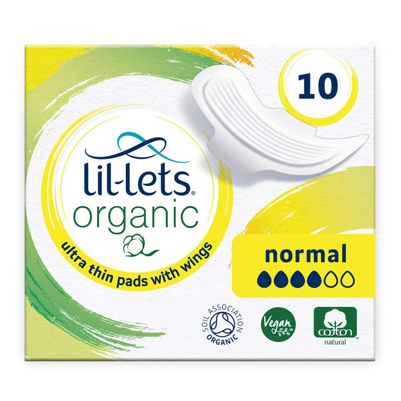 Lil-Lets Organic Cotton Normal Pads, 10 Count, Ultra Thin, with Wings, for Light to Medium Flow, GOTS Certified, Plastic Free, Biodegradable, 100% Organic Cotton Top Cover and Absorbent Core - NewNest Australia