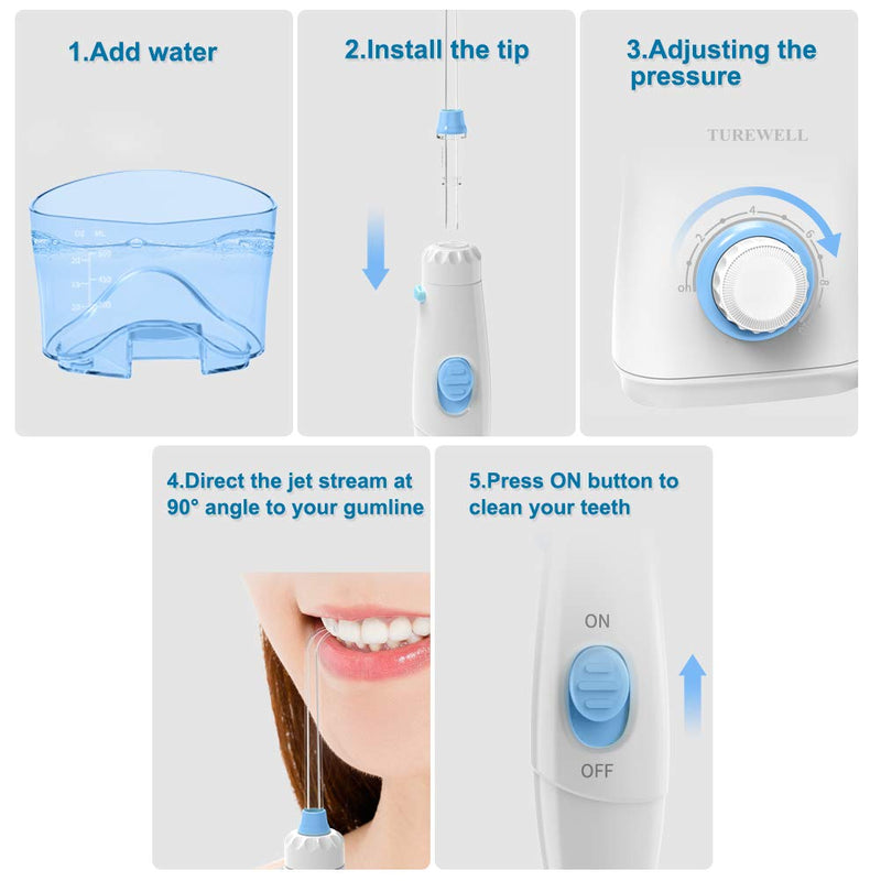 TUREWELL electric oral irrigator, professional oral irrigator with 10 adjustable water pressure values, 600ml capacity and 8 multifunctional nozzle tips (white) white - NewNest Australia