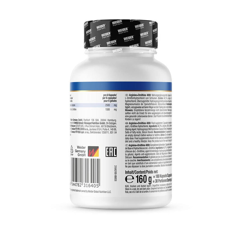 Weider Arginine + Ornithine 4000, High-Dose L-Arginine Capsules, Amino Acid Complex With L-Ornithine, Pre-Workout Capsules, Training Booster, Nutrients For Blood Circulation, 180 Capsules - NewNest Australia