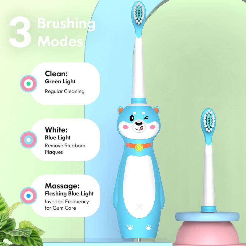 Kids Electric Toothbrush Rechargeable, Sonic Silicone Teeth Brush with Timer for Children Boys Girls Ages 3+, 3 Modes with Memory, 4 Soft Brush Heads (Blue Shiba Inu Dog) Blue - NewNest Australia