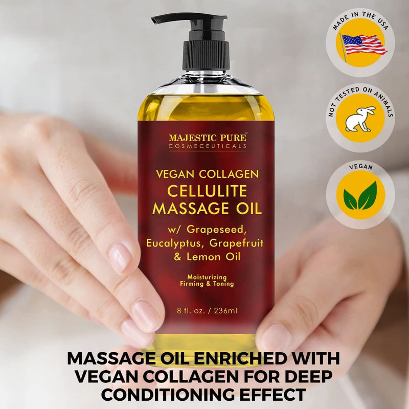 MAJESTIC PURE Cellulite Massage Oil - with Vegan Collagen & Stem Cells, Unique Blend of Massage Essential Oils - Anti Cellulite Oil Improves Skin Tightening and Firming, 8 fl oz 8 Fl Oz (Pack of 1) - NewNest Australia