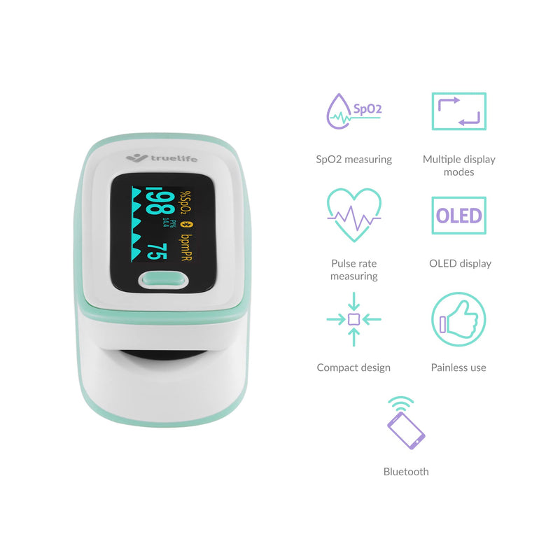 Truelife Oximeter X5 Bluetooth And App, Oxygen Saturation, Heart Rate And Perfusion Index, 6 Display Modes, Audible Signal For Pulse Rate, Belt Bag And Lanyard - NewNest Australia