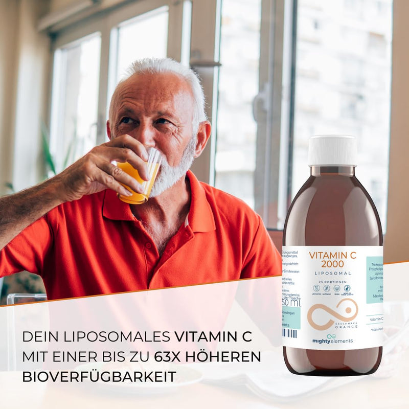 Mighty Elements Liposomal Vitamin C 2000 mg high dose, orange flavor, immune system, vegan, gluten-free & lactose-free, liquid 250 ml, glass bottle - NewNest Australia