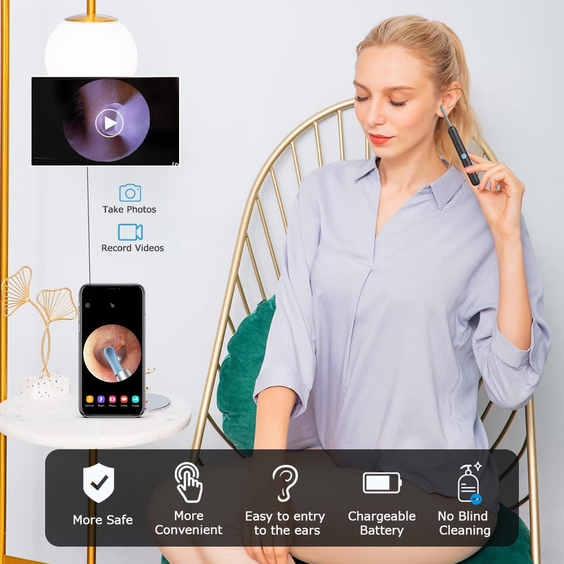 BEBIRD® R1 Ear Wax Removal Cleaner with 3.5mm Ear Camera 6 LED Lights, 1080P FHD Video Otoscope Compatible with iPhone & Android and Kids, Adults(New Spiral Structure) Black - NewNest Australia