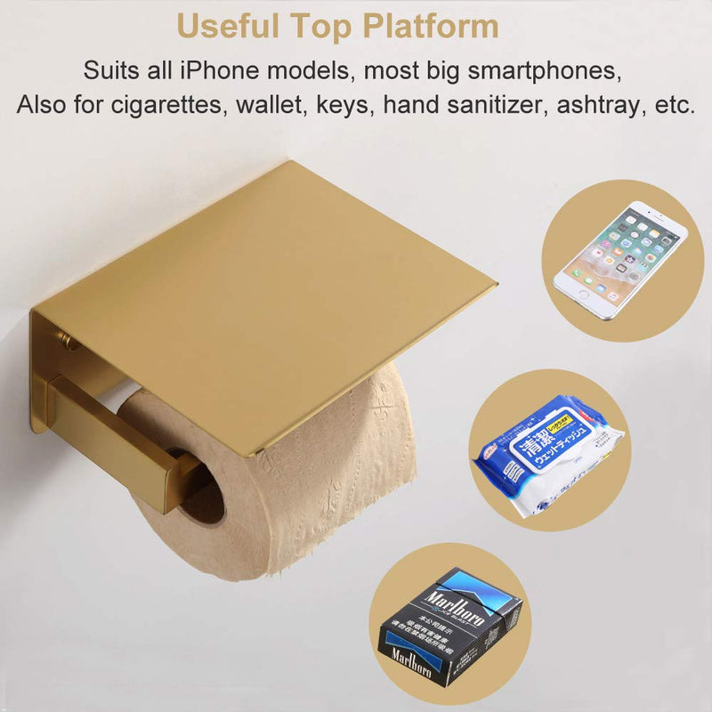 Toilet Paper Holder with Shelf Brushed Gold, APLusee SUS 304 Stainless Steel Modern Bathroom Accessories Tissue Roll Dispenser Storage - NewNest Australia