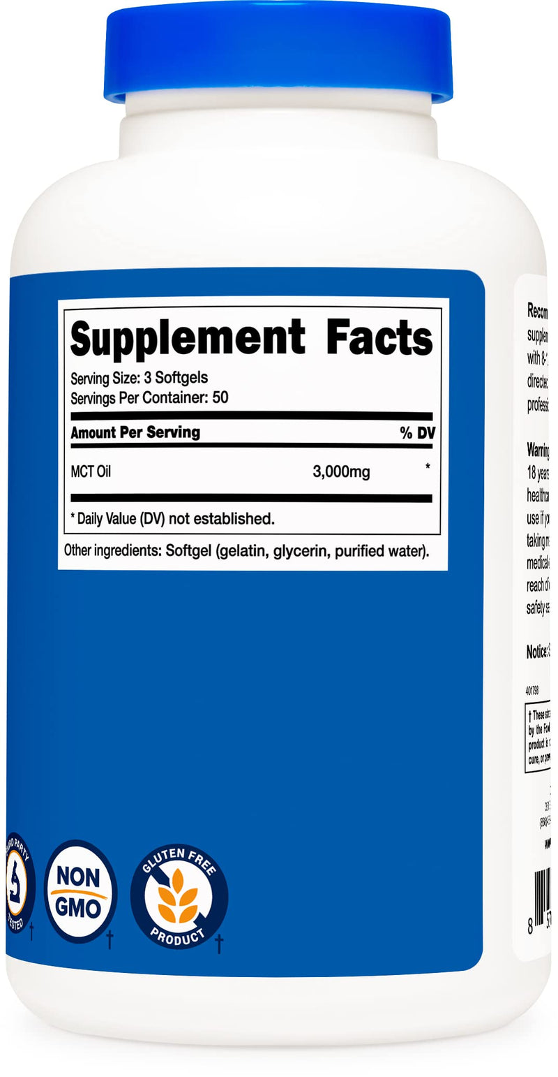 Nutricost MCT Oil Softgels 1000mg, 150 SFG (3,000mg Serv) - Great for Keto, Ketosis, and Ketogenic Diets 150 Count (Pack of 1) - NewNest Australia