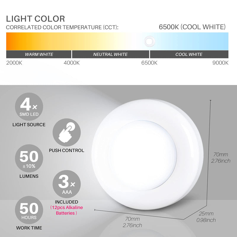 STAR-SPANGLED Tap Light, Push Lights, Stick on Lights Battery Powered Operated, Night Touch Light, Mini LED Puck Lights for Closet, Under Cabinets, Kitchen (Includes 12 Batteries, Cool White, 4 Pack) 4 Pack, Push Control, Include battery - NewNest Australia