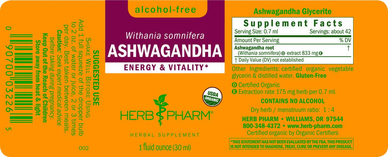 Herb Pharm Certified Organic Ashwagandha Extract Drops for Traditional Support for Energy and Vitality, Alcohol-Free Glycerite, 1 Oz 1 Fl Oz (Pack of 1) - NewNest Australia