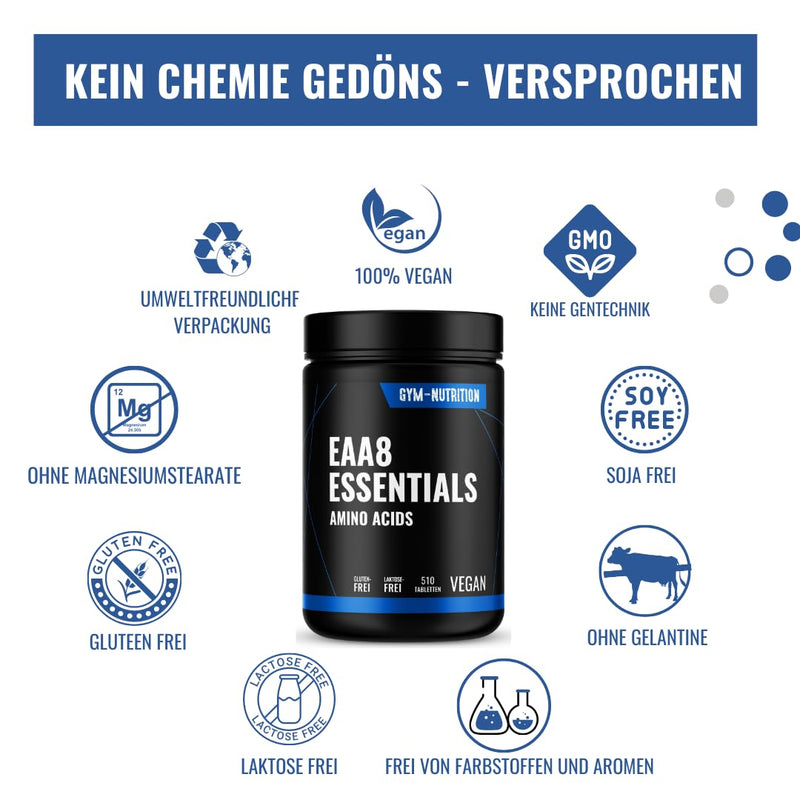 Multi Amino EAA Pattern 510 EAA tablets with 1036 mg each - All 8 essential amino acids EAAs - Vegan - Human Code - bottled in Germany - No additives - NewNest Australia