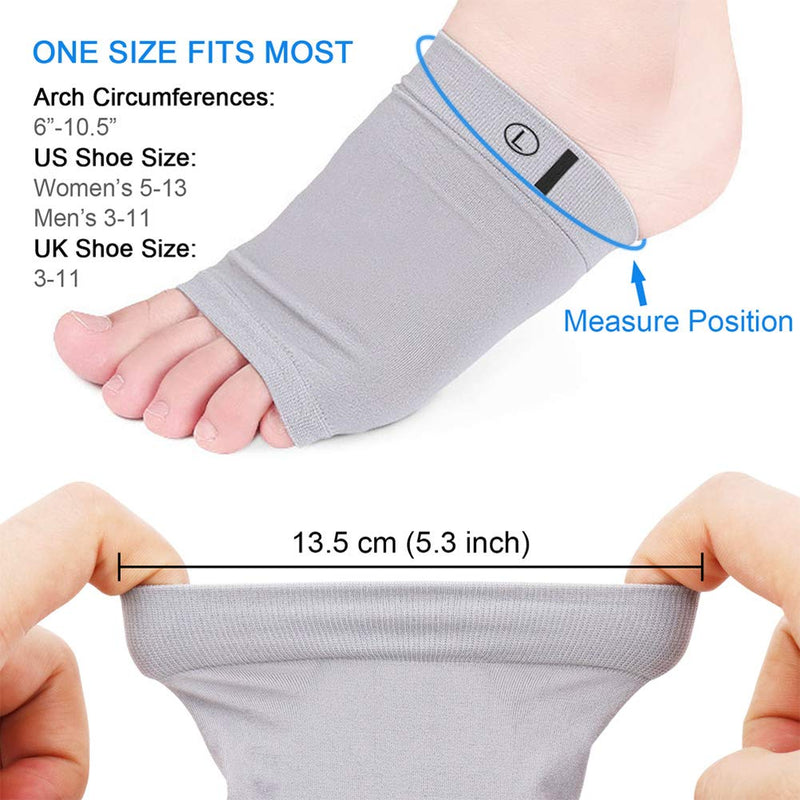 Ailaka 2 Pairs Compression Arch Support Sleeves, Cushioned Foot Braces Arch Pads for Flat Foot Pain Relief Plantar Fasciitis Heel Spurs (Grey, Shoe Size: Women’s 5-13/Men’s 3-11) Grey - NewNest Australia