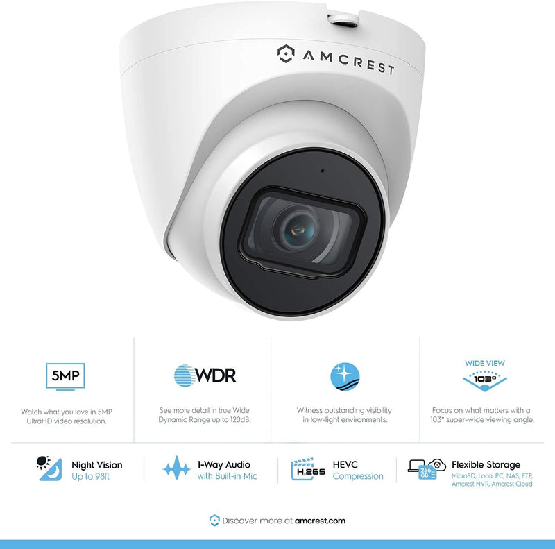 Amcrest 5MP UltraHD Outdoor Security IP Turret PoE Camera with Mic/Audio, 5-Megapixel, 98ft NightVision, 2.8mm Lens, IP67 Weatherproof, MicroSD Recording (256GB), White (IP5M-T1179EW-28MM) - NewNest Australia