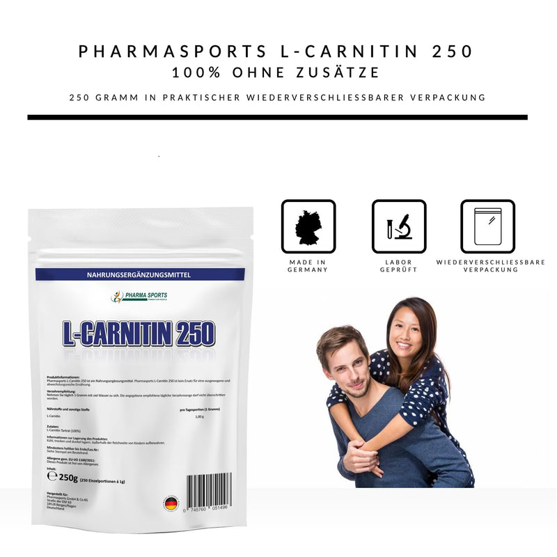 Pharmasports L-Carnitine PUR 250g - Pure L-Carnitine Tartrate powder without additives - 100% pure - NewNest Australia