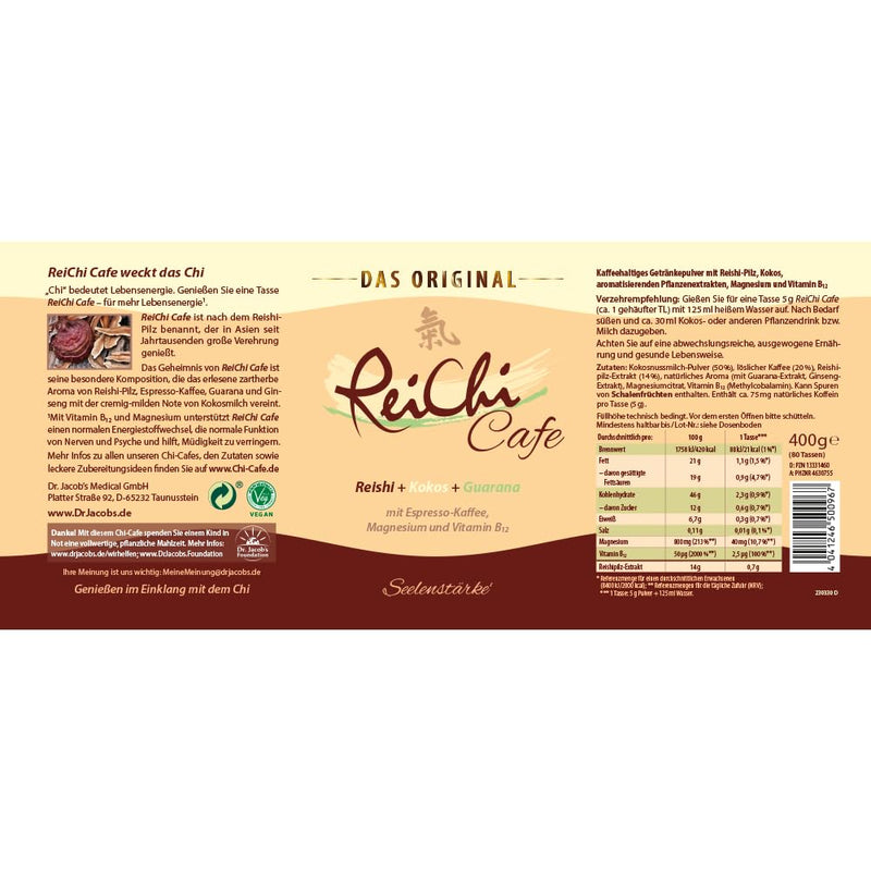 ReiChi Cafe I 400 g, 80 cups I exotic coffee enjoyment I reishi mushroom, ginseng & coconut I caffeine from guarana and coffee I magnesium + B12 I nerves, less fatigue¹ I vegan, without additives 400 g (pack of 1) - NewNest Australia