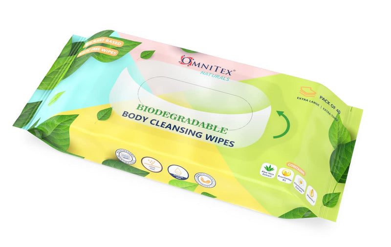 160x Omnitex Biodegradable Extra Large & Extra Thick Body Cleansing Wipes - Microwaveable | Rinse Free Wipes for Camping, Festivals, Elderly Bed Bath | Alcohol Free, With Aloe Vera & Vitamins | 4x40pk - NewNest Australia