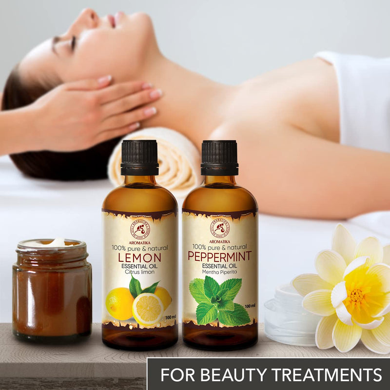 Peppermint Oil 100 Ml & Lemon Oil 100 Ml - Mentha Piperita - Citrus Lime - Pure Fragrance Oils Gift Set For Humidifier - Hair & Skin Care - Aromatherapy - Oil Burner - Diffuser - NewNest Australia