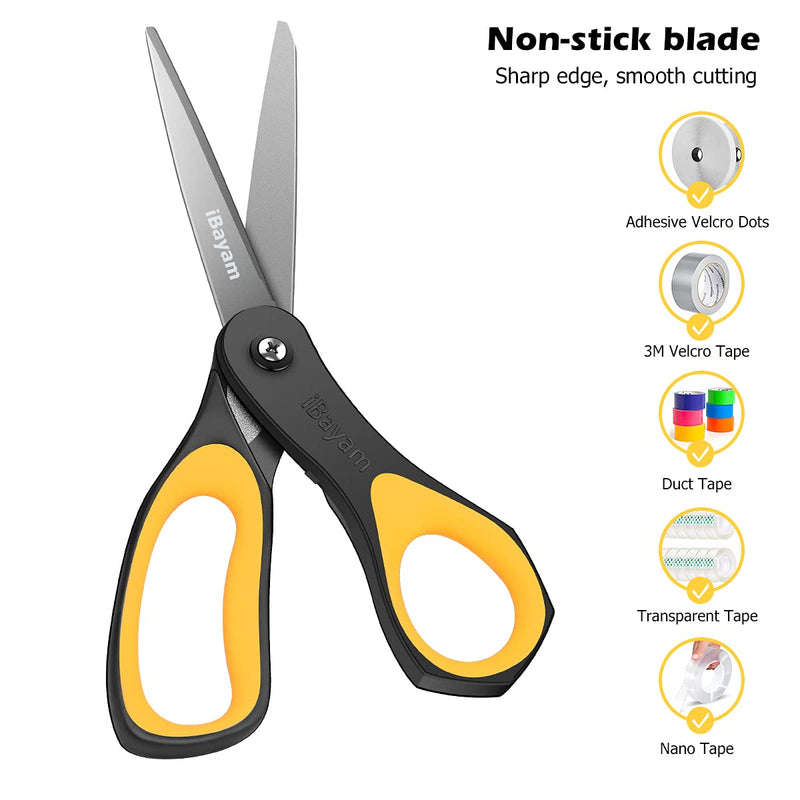 Scissors, iBayam 3 Pack 8" All-Purpose Titanium Non-Stick Scissor, Comfort Grip Sharp Nonstick Scissors for Office School Home General Use Art Craft Classroom DIY Supplies Cutting Tape Adhesive Vinyl Blue, Red, Yellow - NewNest Australia