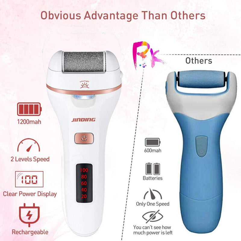 Electric Foot File Hard Skin Remover - Rechargeable Callus Remover Care with LED Waterproof Pedicure Tools kit for Cracked Heels Dead Dry Skin Foot Care with 3 Coarse Roller Heads 2 speeds-White - NewNest Australia