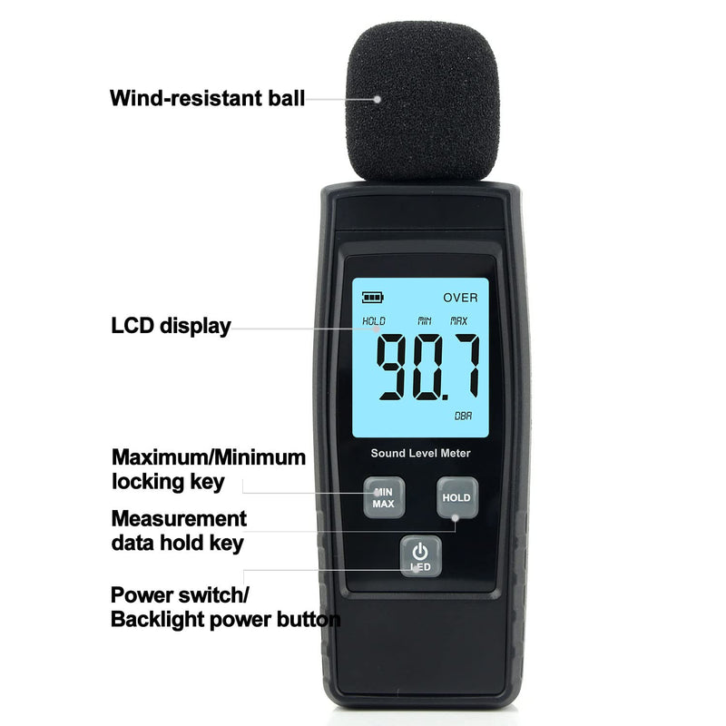Hand-Held Sound Level Meter,V-Resourcing 30~130 dB Decibel Noise Measurement Tester with Backlight Digital LCD Display for Indoor/Outdoor Uses [Max/Min/Hold Function] Black - NewNest Australia