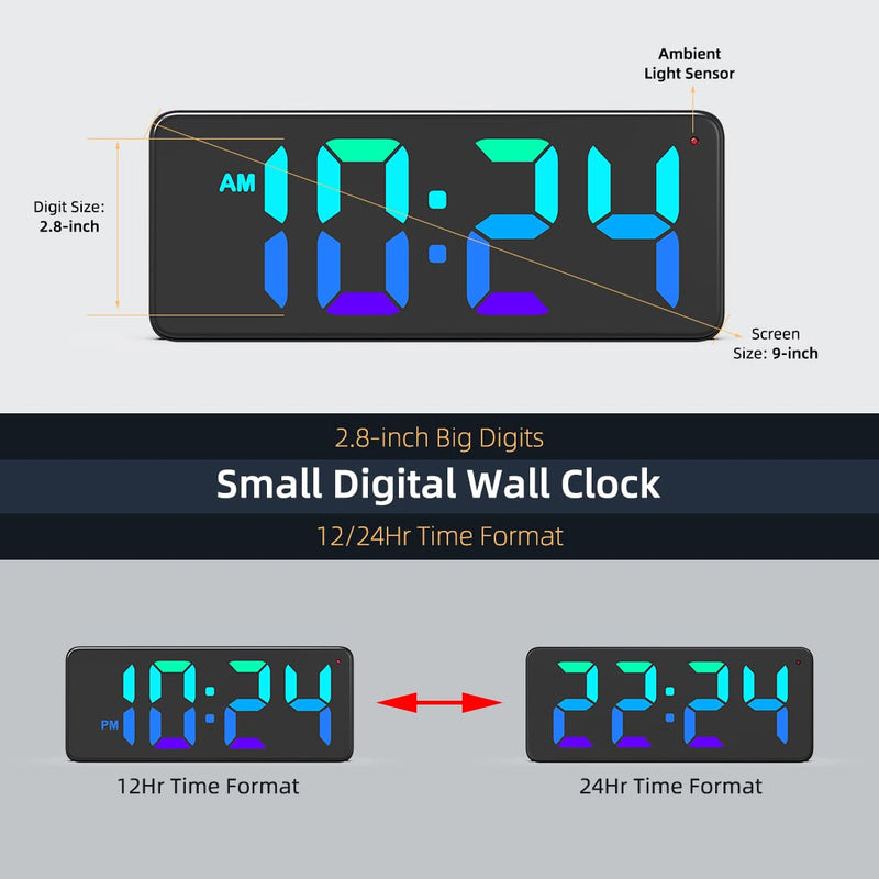 XUANZIT Wall Clock - LED Digital Wall Clock with Dynamic RGB Display, Big Digits, Auto-Dimming, 12/24Hr Format, Small Silent Wall Clock for Living Room, Bedroom, Farmhouse, Kitchen, Office - NewNest Australia