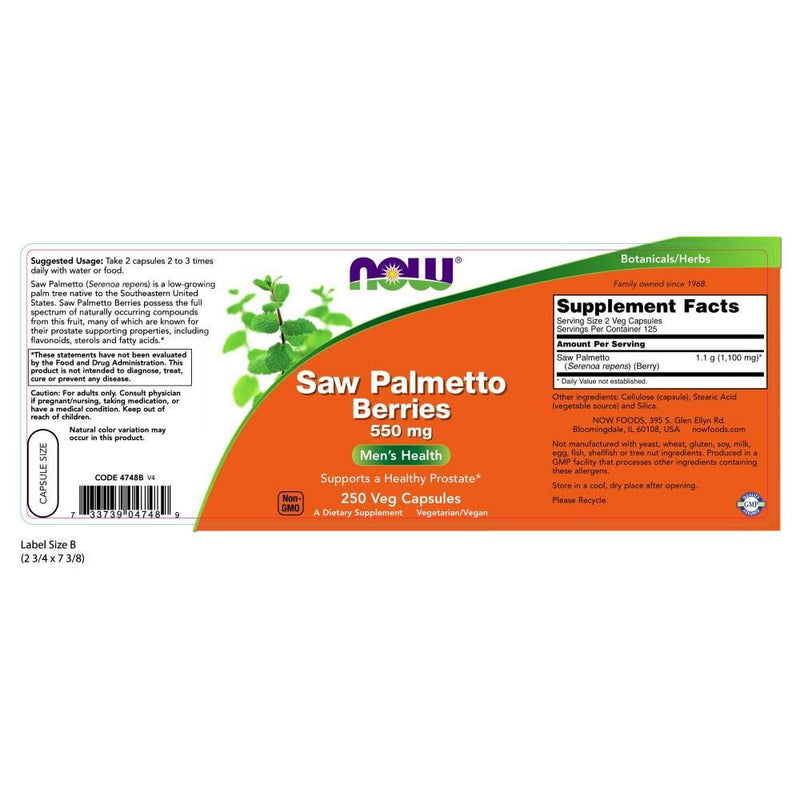 NOW Supplements, Saw Palmetto Berries (Serenoa repens) 550 mg, Men's Health*, 250 Veg Capsules 250 Count (Pack of 1) - NewNest Australia