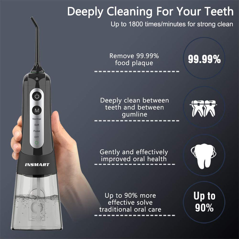 Cordless Water Dental Flosser Teeth Cleaner, INSMART Professional 300ML Tank DIY Mode USB Rechargeable Dental Oral Irrigator for Home and Travel, IPX7 Waterproof 4 Modes Irrigate for Oral Care Black - NewNest Australia