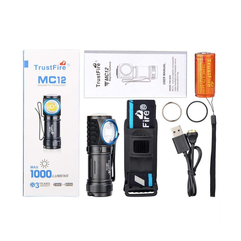 TrustFire Headlight MC12 1000 Lumens Multi-Function Headlamp LED Flashlight Magnetic Tail Light 5 Modes with 16340 650mAh Rechargeable Battery Magnetic USB Charging Cable, Good for Gift Giving - NewNest Australia