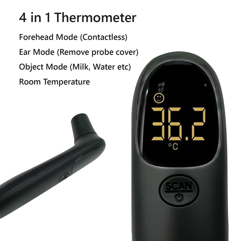 PHOTON Forehead Thermometer, Digital Contactless Infrared Thermometer for Adults and Kids, 4 in 1 - Body Object Room & Ear, 1 Sec Reading, Memory Recall and High Temperature Alarm Advance-Black - NewNest Australia