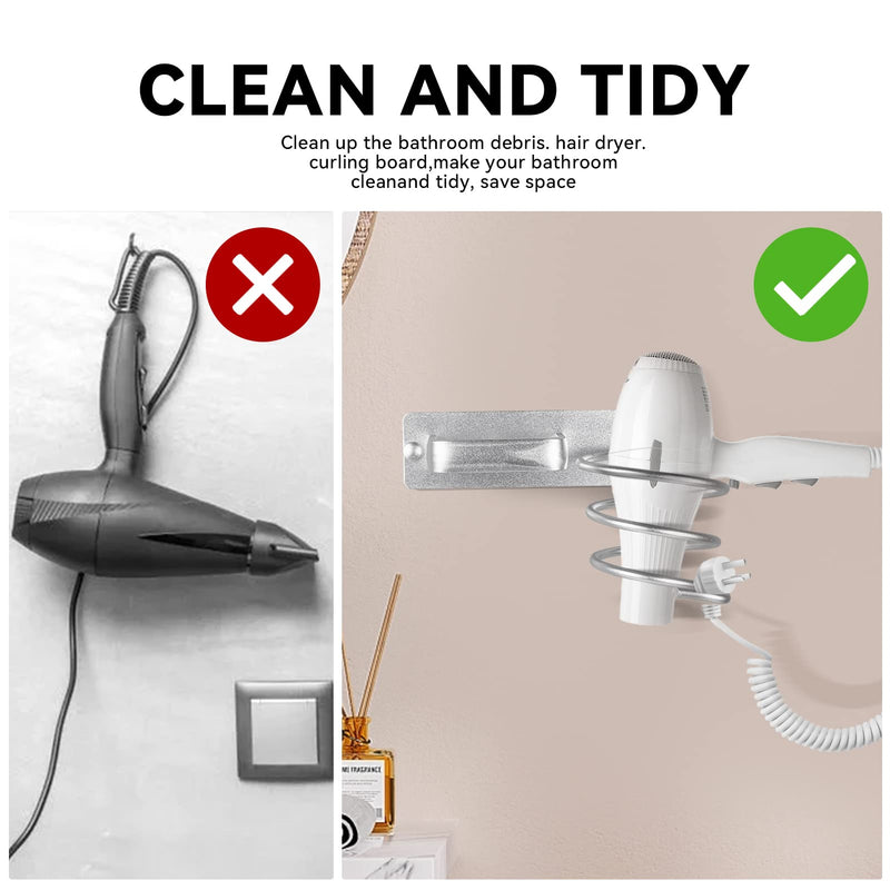 YUET Hair Dryer Holder Hairdryer Station Wall Mounted Spiral Shelf Bracket Stand Hanger Straightener Organizer Blow Storage with Holes Rack For Bathroom Aluminum Professional Silver - NewNest Australia