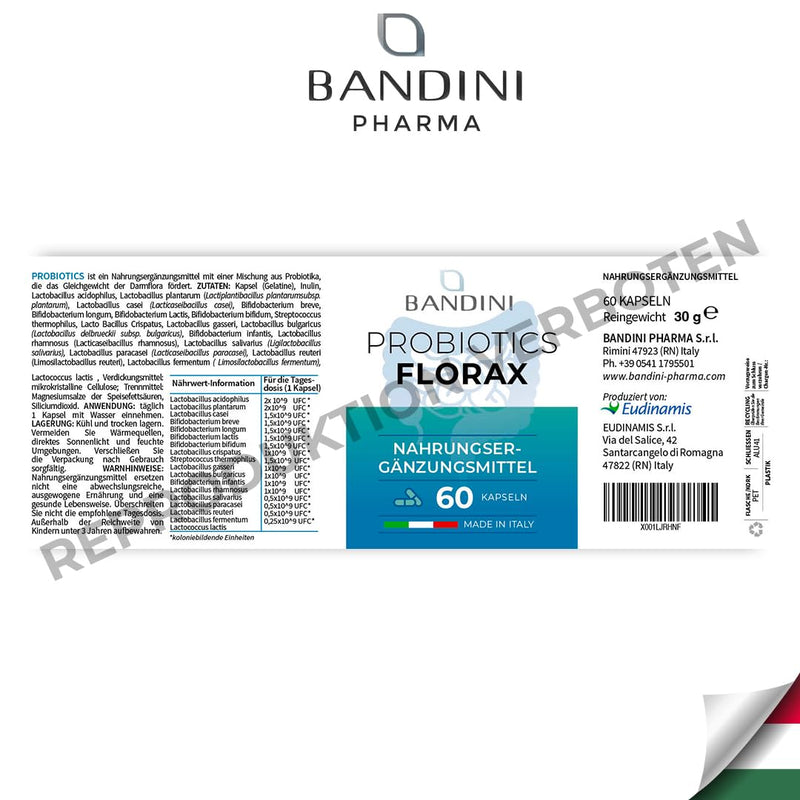 Bandini Florax Probiotics Cultures Complex 18 Bacteria Strains + Inulin 60 Vegan Enteric Juice-Resistant Capsules - Lactobacillus, Bifidobacterium - Laboratory Tested & Made In Italy Without - NewNest Australia
