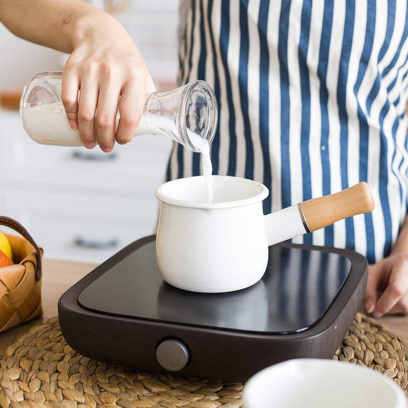 YumCute Home Enamel Milk Pan, Mini Butter Warmer 4 Inch 550ml Enamelware Saucepan Small Cookware with Wooden Handle, Perfect Size for Heating Smaller Liquid Portions. (White) White - NewNest Australia