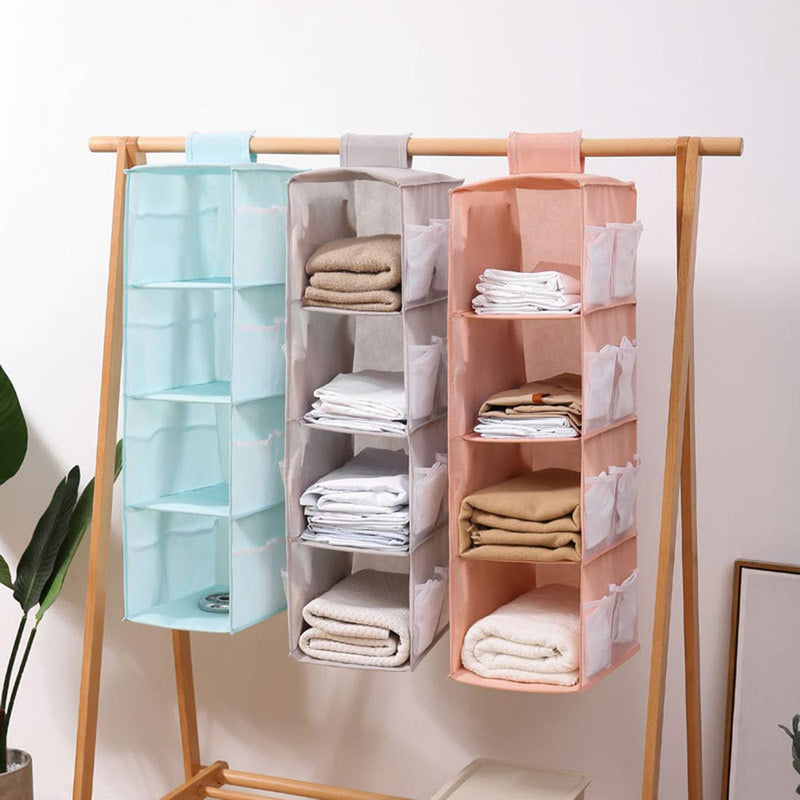 NewNest Australia - AARainbow 4 Shelf &12 Pockets Hanging Closet Organizer,Foldable Closet Hanging Shelves,Polyester Fabric Closet Organizer,Collapsible Storage Shelves for Clothes, Pants and Shoes (Pink) Pink 