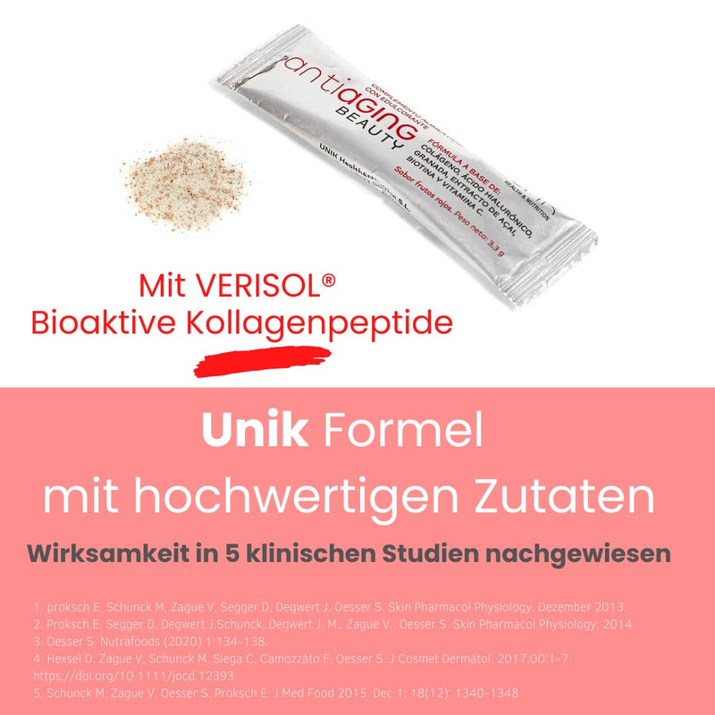 Unik Antiaging Beauty | Hydrolyzed Collagen Verisol (5 Clinical Studies) With Hyaluronic Acid, Pomegranate, A√ßai, Vitamin C, Biotin | Reduces Wrinkles And Skin Sagging | 30 Sticks | Unik Health - NewNest Australia