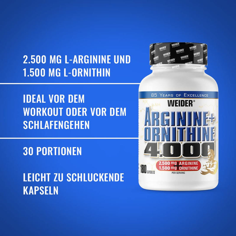 Weider Arginine + Ornithine 4000, High-Dose L-Arginine Capsules, Amino Acid Complex With L-Ornithine, Pre-Workout Capsules, Training Booster, Nutrients For Blood Circulation, 180 Capsules - NewNest Australia