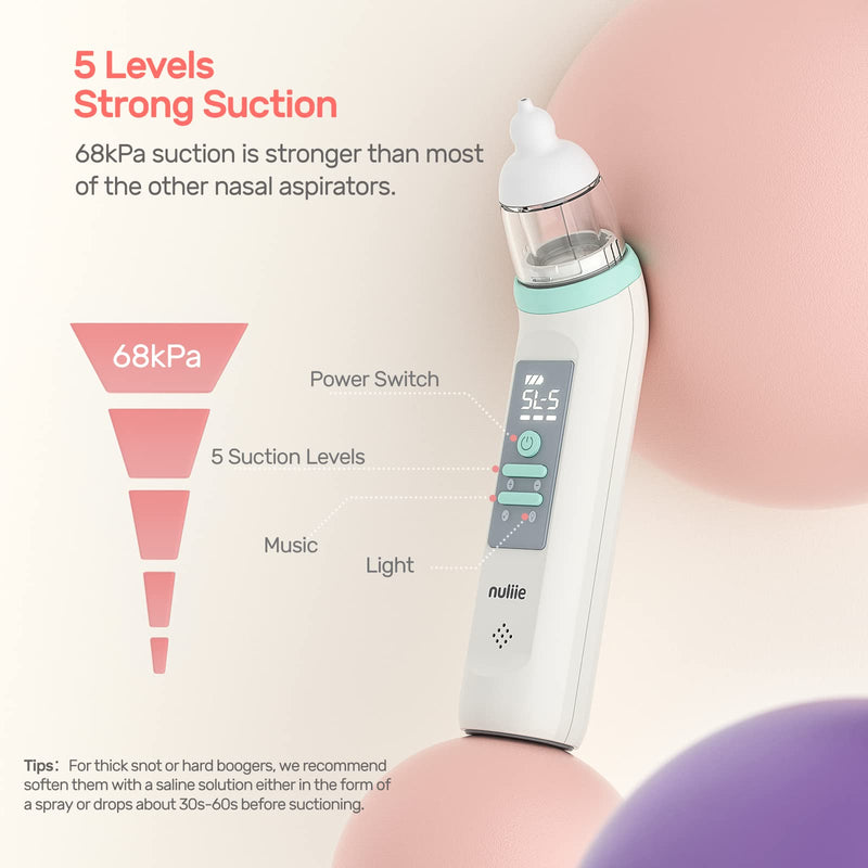 Nasal Aspirator Baby Electric, Nuliie Rechargeable Baby Nose Unblocker with 3 Sizes of Silicone Tips, 5 Levels of Suction, Music & Light Soothing Function for Infants and Toddlers SMALL - NewNest Australia