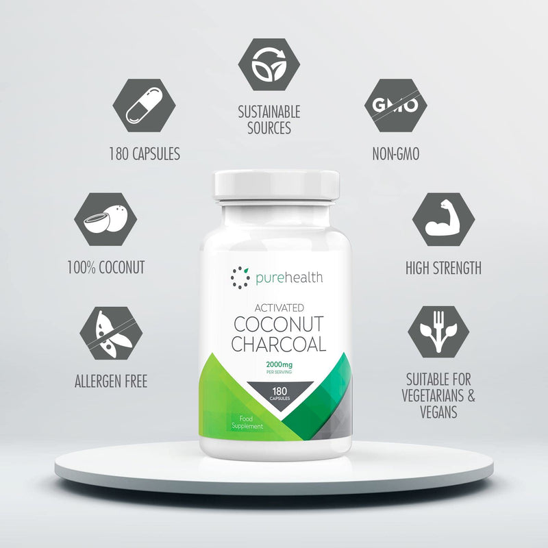 Activated Coconut Charcoal 2000mg Daily Serving | No Fillers/Bulking Agents | 180 Capsules | Non GMO Coconut for Bloating, Gas, Digestion, Flatulence | Natural Relief | Vegan & Keto Supplement - NewNest Australia