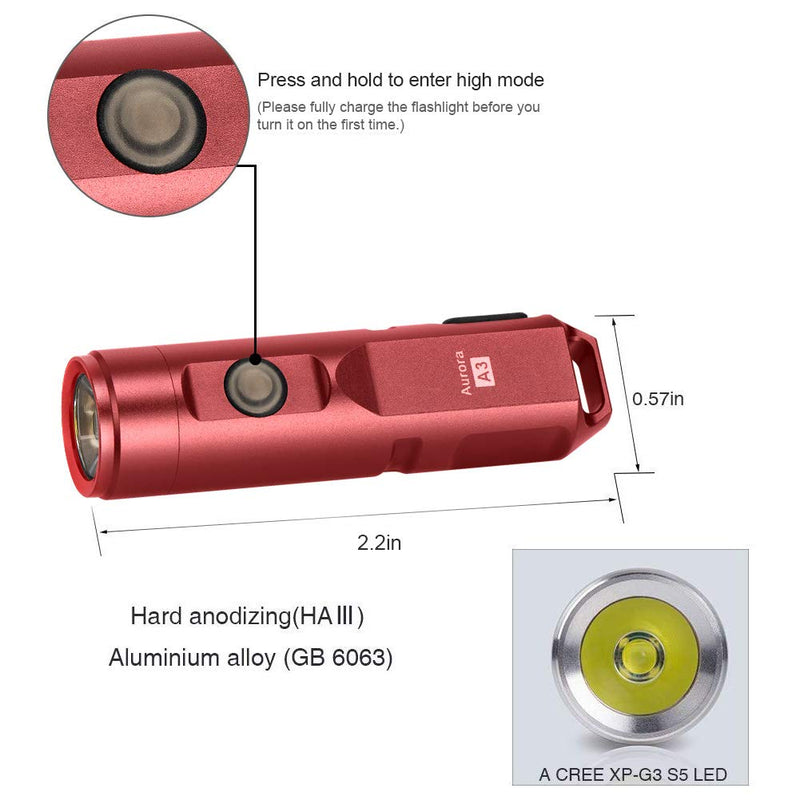 (Upgraded) RovyVon Aurora A3 650 Lumens Outdoor EDC Mini Keychain Rechargeable LED Flashlight, Hard Anodizing Aluminium Alloy Built-in Li-ion Battery USB Charging, Waterproof IPX-65 Small Torch(Red) Lucky Red - NewNest Australia