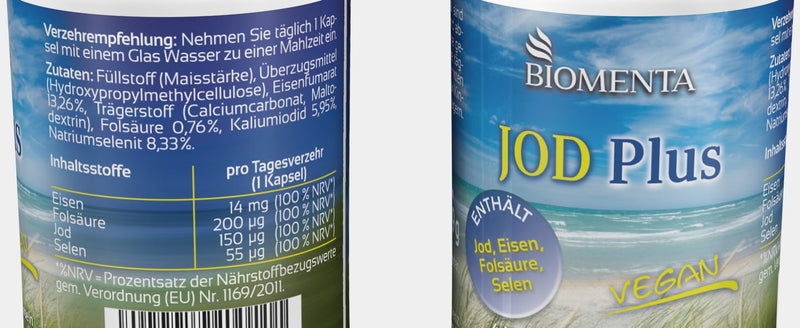 BIOMENTA Iodine Plus - 120 high-dose iodine capsules - active ingredient complex with selenium, folic acid, iron - vegan - premium quality - NewNest Australia