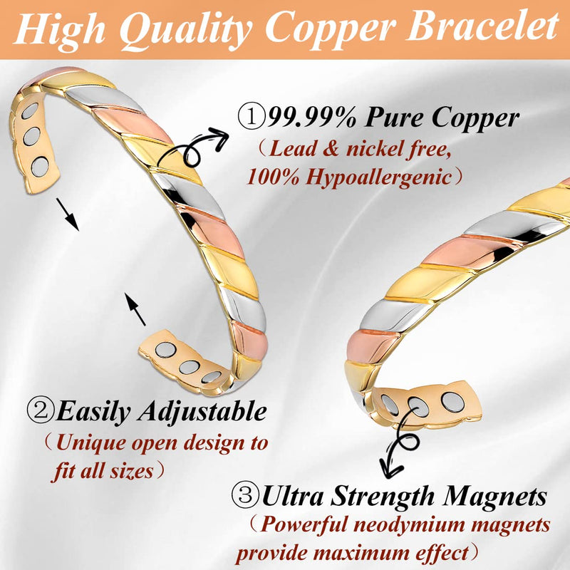 Cigmag Lymphatic Drainage Copper Magnetic Bracelet for Women 99% Solid Pure Copper Ultra Strength Magnet Adjustable Brazaletes Cuff Bangle with Gift Box (Tricolor Pattern) 1-tricolor - NewNest Australia