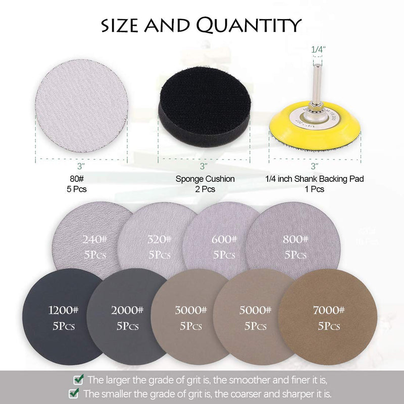 Keadic 50pcs 3 Inch Dry & Wet/Dry Sanding Discs Assortment Kit Aluminum Oxide Multiple Grits 80-7000, with 1/4 inch Shank Backing Pad and Soft Foam Buffering Pad for Hook & Loop Grinding Disc - NewNest Australia