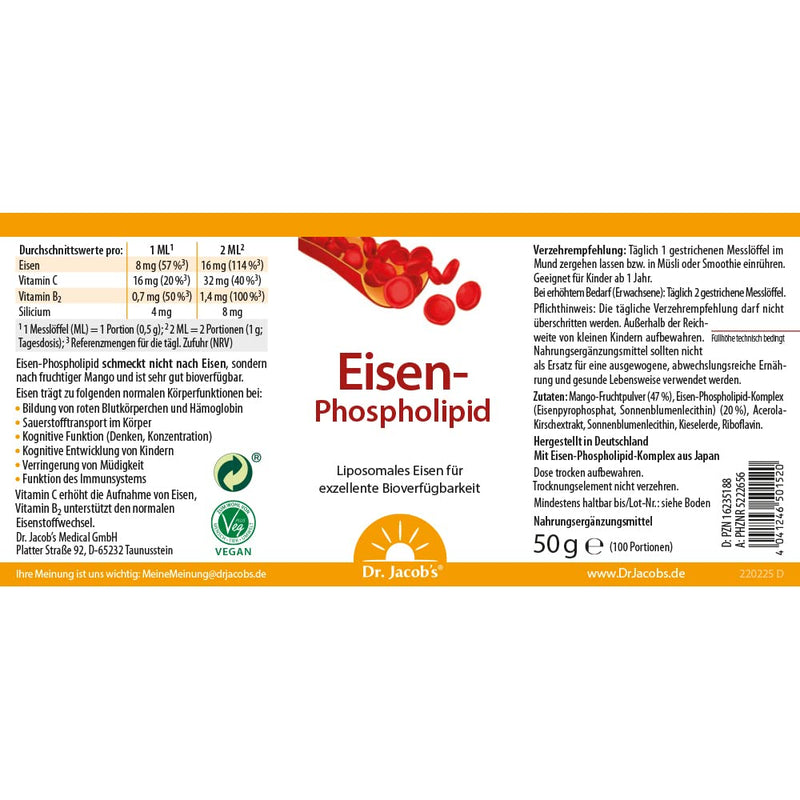 Dr. Jacob's iron phospholipid can 50 g I for blood formation¹, concentration² and less fatigue³ I Liposomal I No iron taste I Also for small children I 100 portions - NewNest Australia