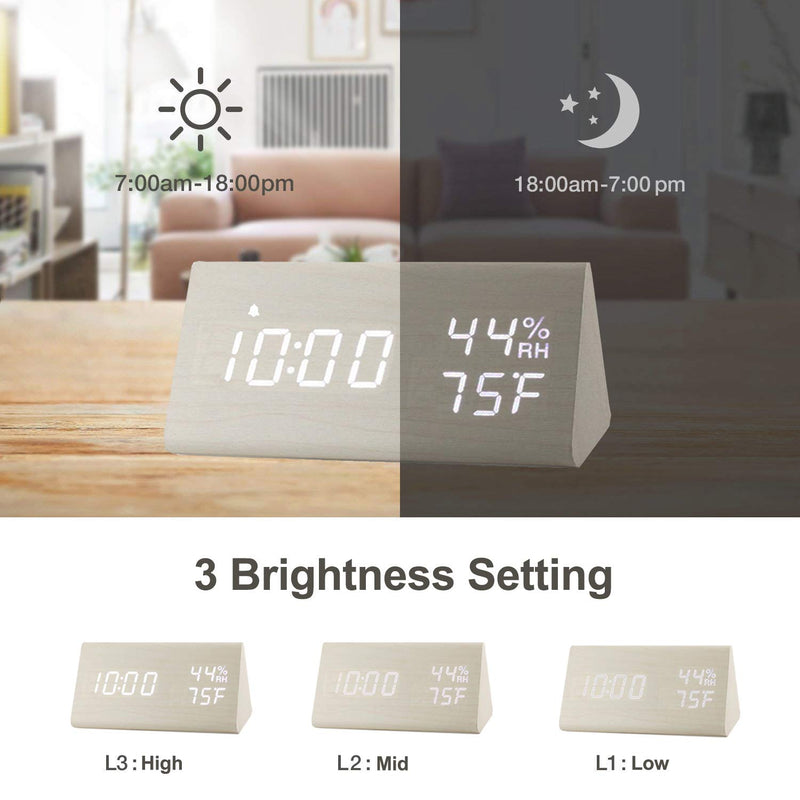 NewNest Australia - 【2020 Upgraded】 Digital Wooden Alarm Clock, with 3 Alarm Settings, Electronic LED Time Display, 3 Level Brightness & Temperature, Good for Bedroom, Bedside, Desk, Office, Kids and Families, White 