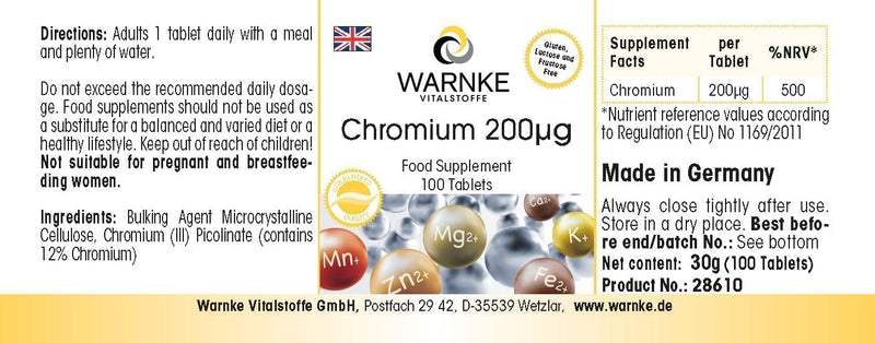 Chromium 200µg - 100 tablets of chromium picolinate for 200 days - German pharmacy quality - dietary supplement - high dosage - vegan | Warnke vital substances - NewNest Australia