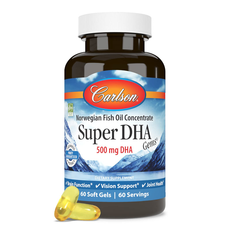 Carlson - Super DHA Gems, 500 mg DHA Supplements, Norwegian Fish Oil Concentrate, Wild-Caught, Sustainably Sourced Fish Oil Capsules, Cognitive Health, 60 Softgels 60 Count (Pack of 1) - NewNest Australia