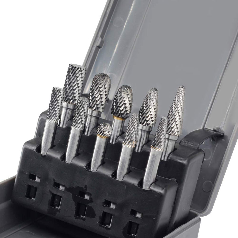 YUFUTOL Carbide Burrs Set 10pcs Double Cut Solid Carbide Rotary Burr Set 1/4 Inch Shank for Die Grinder Drill,Metal Carving, Polishing,Engraving,Drilling - NewNest Australia