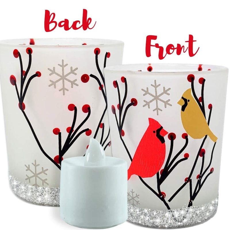 NewNest Australia - BANBERRY DESIGNS Cardinal Votive Holders - Set of 3 Frosted Glass Candle Holders - Cardinal Birds in a Winter Scene with Berries - 3 Flameless Tealight Candles Included 