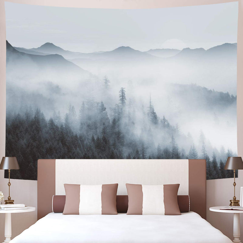 NewNest Australia - Heopapin Misty Forest Tapestry Forest Trees with Mountain Tapestry Black and White Fantastic Fog Magical Tapestry 3D Vision Nature Landscape Tapestry for Bedroom Living Room Dorm (W78.7 × H59.1) Large Black and White Misty Forest 