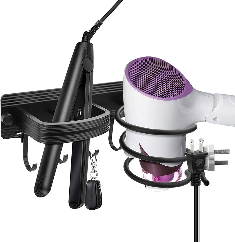YUET Hair Dryer Holder Hairdryer Station Wall Mounted Spiral Shelf Rack Stand Hanger Straightener Organizer Storage Blow Bathroom with Three Hooks Professional Aluminum Silver (Black) Black - NewNest Australia