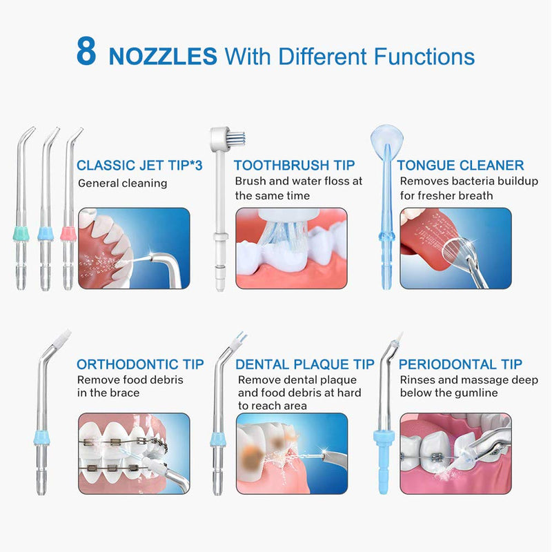 TUREWELL electric oral irrigator, professional oral irrigator with 10 adjustable water pressure values, 600ml capacity and 8 multifunctional nozzle tips (white) white - NewNest Australia